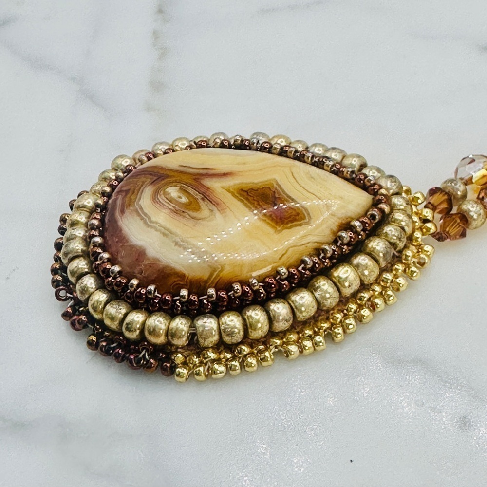 Vintage Stone Pendant Necklace Embroidery Bead Edge Leather Back 25” Long 70s - Picture 6 of 10